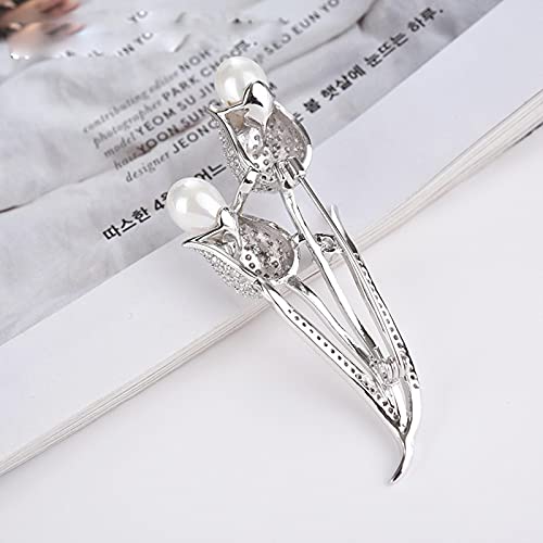 Broche en forme de fleur de tulipe argentée avec perle et strass de fête