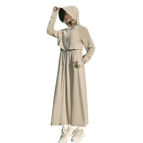 All-round Long Sunscreen Clothing UPF 50+ Sun Protection Hoodide Long Sleeve Sun Skin Coat for Women Full Zip Cooling Trench Outdoor Hiking (Style A17: Brown)