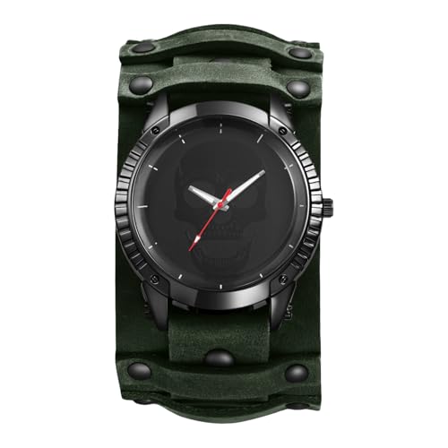 JewelryWe Herrenuhr Steampunk Uhren mit Lederarmband: Halloween Punk Totenkopf Schädel Analog Quarz Armbanduhr Herren Große Dual-Use Uhr mit Grün Abnehmbarem Breit Echtleder Leder Armband