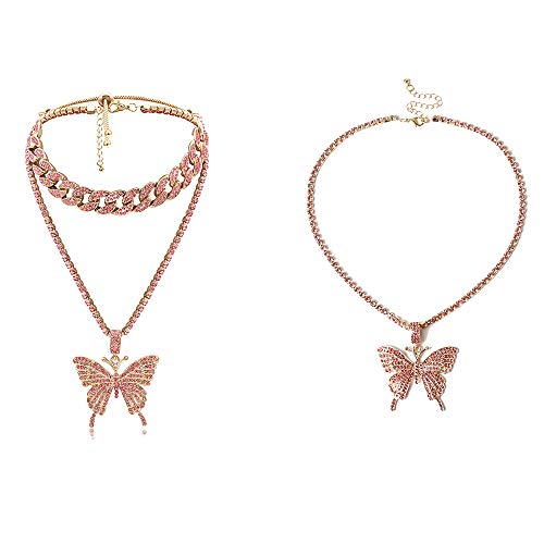 2 Set Butterfly Cuban Link Necklace Set Hip Hop Chock Chain Iced Out Sparking Bling Zircon Crystal Collar Animal Butterfly Pendant Necklace for Women Girl Party Luxury Rock Jewelry-Rose Gold