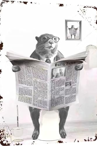 TopPacific Metal Tin Sign Vintage Sea Otter Toilet Reading Newspaper Humour Funny Animal Whimsy Animal for Home, Bathroom and Toilet Wall Decor 12x16 Inch(816B)