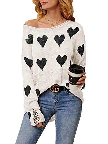Chang Yun Women Off Shoulder Knitted Pullovers Sweater Loose Long Sleeve Hearts Printed Ripped Tops