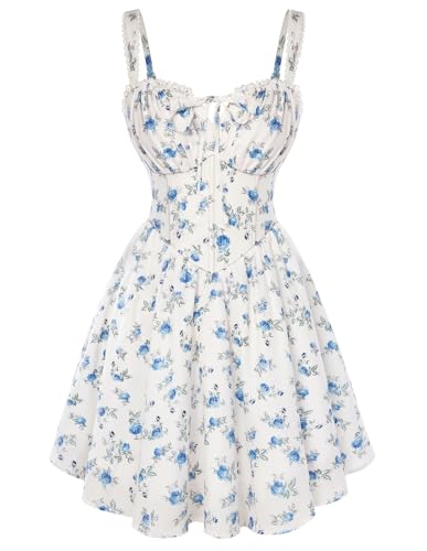 Womens Floral Corset Dress Summer Mini Sundresses Beige Blue Floral S