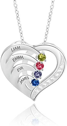 GLAMCARAT Mothers necklace with 4 birthstones engraved name custom personalized pendant name necklace gift for mom grandma (sterling silver)