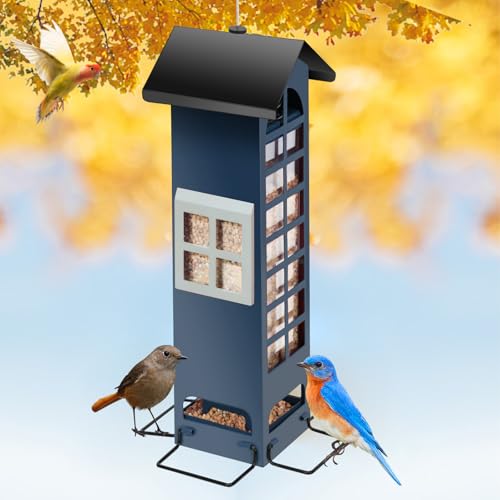 Squirrel Proof Bird Feeder,Metal Mesh Bird Feeders for Outdoors Hanging,2LB Large Capacity, Gravity Protection Squirrel Proof Wild Bird Feeders with Finch Cardinal Chickadee (Blue)