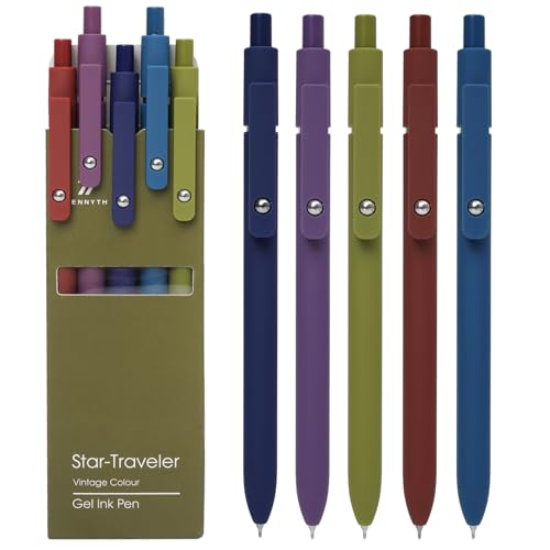 MorPionk Gel Pens, 5 Pcs 0.5mm Quick Dry Black Ink Fine Point Smooth Writing with Silicone Grip,High-End Series Metal Clip Retractable Pens for Journaling Note Taking (Vintage)