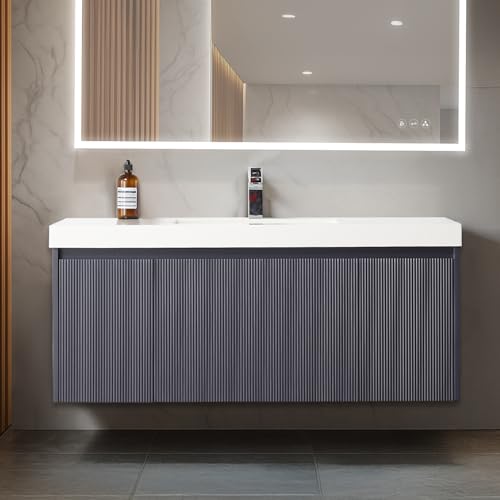 Blossom Luxury 48 Inch Floating Bathroom Vanity, Modern Wall Hung Vanity with Durable Acrylic Sink, Moisture Resistant Solid Wood Cabinet, Minimalist Navy Blue Storage Set for Master Bath Renovation