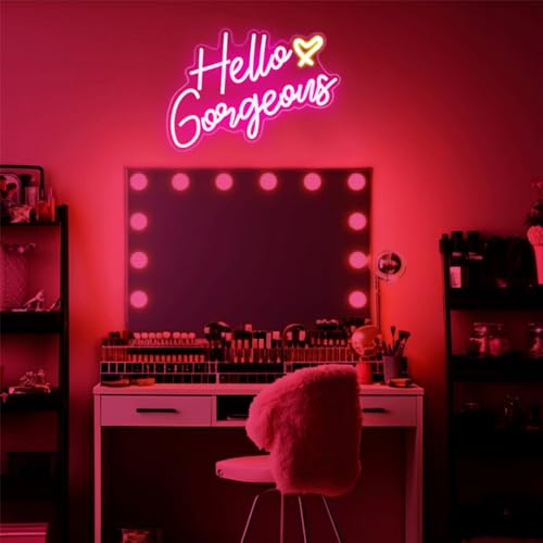 Image of Hello Gorgeous Neon Sign Hello Beautiful Pink LED Neon Lights for Home Wedding Birthday Backdrop Bacelorette Party Wth Dimmable Switch(5V,16.5X10.6inches)
