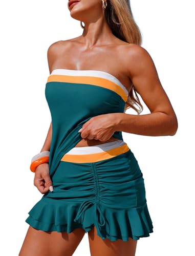 Image of ZAFUL Colorblock Bandeau Tankini Swimsuits for Women 2 Piece Tummy Control Bathing Suit Drawstring Ruffle Swim Skort