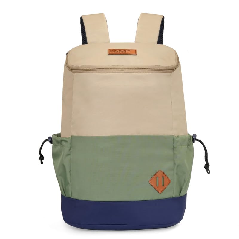 Image of United Colors of Benetton Cosmo 25L Backpack - Beige+Olive, Water-Resistant Drawstring Bag with Buckle Closure, Stylish & Casual Daypack