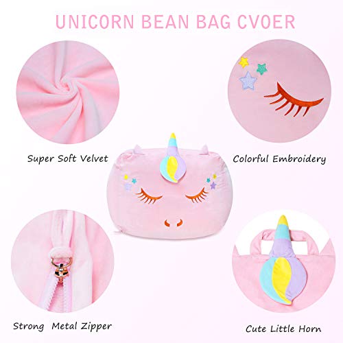 Unicorn Stuffed Animal Toy Storage, Kids Bean Bag Chair Cover Only, Velvet Extra Soft Stuffed Organization Replace Mesh Toy Hammock For Kids Blankets Towels Clothes Home Supplies Pink #TOP3