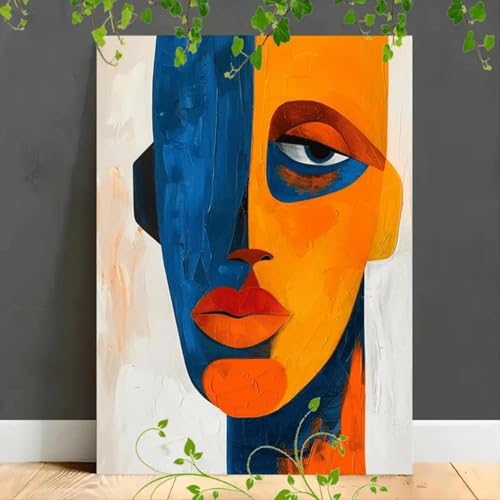Peinture 60 x 90 cm visage abstrait et formes géométriques orange et bleu sur toile moderne