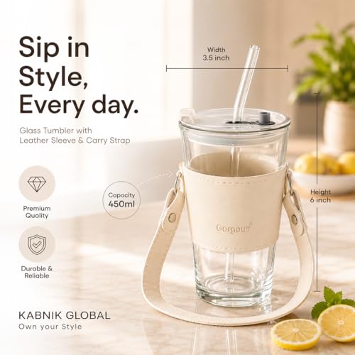 Image of Glass Tumbler with Lid, Straw & Leather Sleeve, 450ml Portable Drinking Glass Cup with White Carry Strap, Reusable Travel Tumbler, Coffee mug, Juice, Smoothies, Iced Drinks & Daily Use (White)