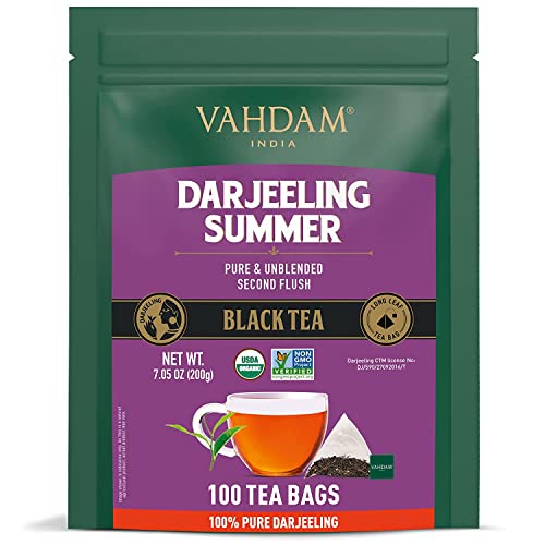 Vahdam, Darjeeling Tea, 100 Whole Leaf Tea Bags, Direct From Source In India | Organic, 100% Pure Unblended Darjeeling Tea Bags | Black Tea | Brew Hot Or Iced | #TOP5