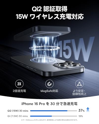 Baseus Qi2認証 15Wワイヤレス充電 モバイルバッテリー magsafe 対応 マグネット式 10000mAh PD 22.5W 急速充電 ワイヤレス TypeC 出力 iPhone 17/16/15/14/13/12シリーズ対応 有線充電対応 qi 2 公式認証 PSE認証済み EnerFill FM12 (ブラック)