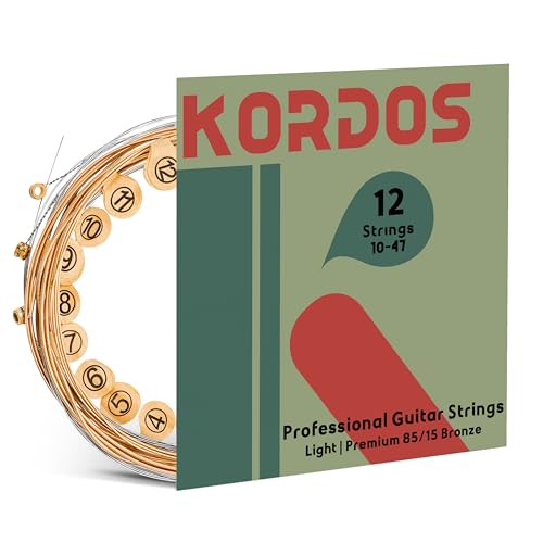 KORDOS 12 String Acoustic Strings, Vacuum-Sealed Packing Long Life, Guitar Strings for Acoustic 12 String Set - 85/15 Coated Bronze, Durable Brass Ball Ends, Hex Carbon Steel Core, Light, 10-47