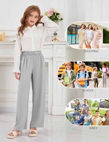 Image of Girls Wide Leg Palazzo Pant Loose Straight Cute Bow Waist Spring Summer Lightweight Dress Pant for Kids 5-14Y