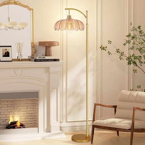 Image of Vintage Floor Lamps for Living Room Glass Floor Lamp with Remote Control & 3 Color Temperature,Dimmable Floor Lamp Gold Mid Century Modern Standing Lamp Brass Tall Floor Lamps for Bedroom Corner