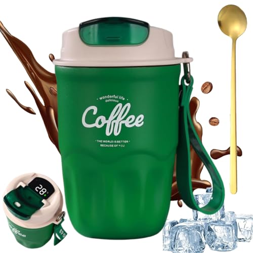 Image of Coffee Vacuum Flask, 12oz Portable Smart LED Temperature Display Coffee Cup with Lid and Handle Strap, 316 Stainless Steel, Leak-proof, Keep Hot and Cold, for Home, Office (Green)