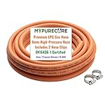 MYPURECORE 8mm LPG Gas Hose Pipe with 2 Clips – EN16436-1 High Pressure Propane & Butane Gas Hose for BBQ, Patio Heater, Caravan, Camping Cooker & Gas Bottle – Orange LPG Hose (3m (8mm))