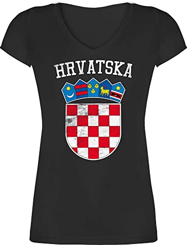 T-Shirt Damen V Ausschnitt - Fußball EM WM - Kroatien Wappen Hrvatska Krotatisch - L - Schwarz - Trikot fußball-Fanartikel Europameisterschaft Croatia t-schirts Shirt 2024 Fussball fu Ball