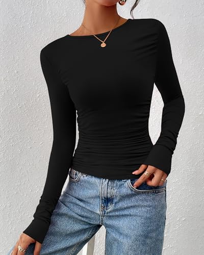 BTFBM Womens Tops Dressy Casual Workout Outfits Fall 2025 Long Sleeve Shirts Boat Neck Ruched Bodycon Going Out Top4
