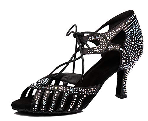 Chaussures de danse pour femme Noir L387 avec strass élégants et talon de 7.5 cm en taille 42.5