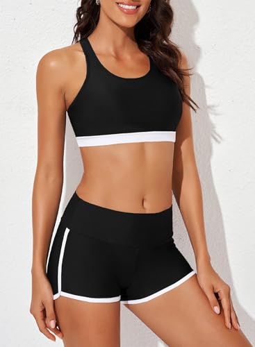 Image of Aleumdr Womens Athletic 3 Piece Tankini Swimsuits with Shorts Swim Tank Tops with Sports Bra and Boyshorts Bathing Suits