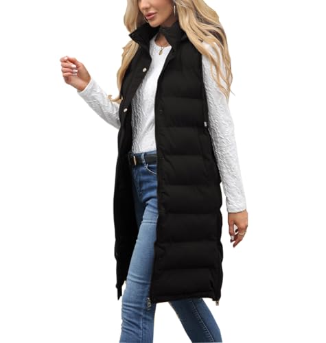 Ciguo Weste Damen Lang Steppweste ärmellose Westes mit Kapuze...