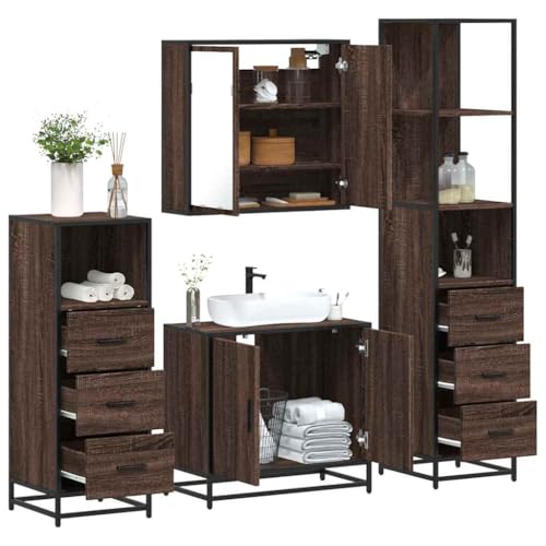 Runheo 4-Piece Bathroom Furniture Set Brown Oak Effect Wood Composite Sink Cabinet Mirror Cabinet Bathroom Cabinets Industrial Style Moisture Resistant