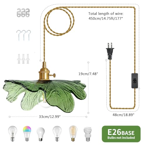 Auwieou Plug in Pendant Light Green Glass Pendant Lighting 14.75ft Hanging Light with Plug in Cord 1-Light Hand Blown Brass Pendant Light Plug in Hanging Lamp for Kitchen Bedroom Living Dining Room by Auwieou - Used condition - Image 3