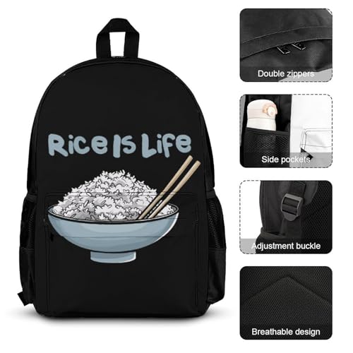 Rice is Life Printed Backpack Set 3 Pcs Daypack Sets with Lunch Box and Pencil Case for Women Men3