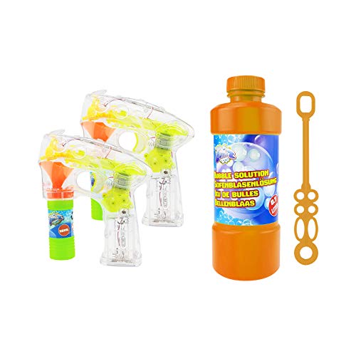 Preisvergleich Produktbild Quantio Set aus LED Seifenblasenpistole und Seifenblasenflüssigkeit - mit Licht, batteriebetrieben, Verschiedene Mengen wählbar, Stückzahl:3-TLG. Set