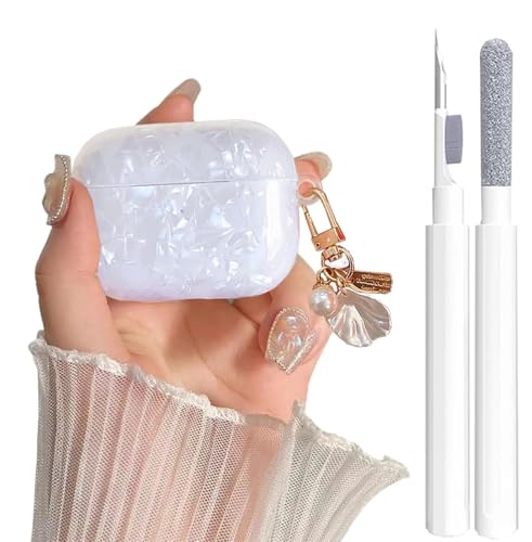 Image of for Cute Airpods Pro 3 Gen Case Girl Women 2025 with Cleaner Kit, Glitter Shell Pattern Apple iPod Pro 3rd Generation Protective Cover Skin with Pearl Shell Keychain, White