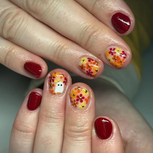 Cute Halloween Press on Nails Floral Ghost Burgundy Short Square Fake Nails