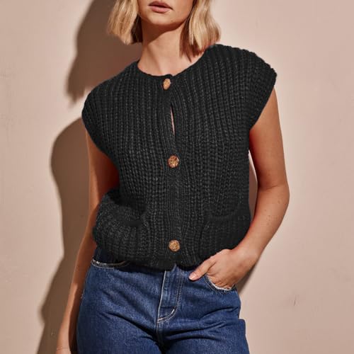 Image of UAURORAO Women Chunky Sweater Vest Button Down Crochet Cable Knit Cardigan Sleeveless Open Front Knitted Crop Waistcoat