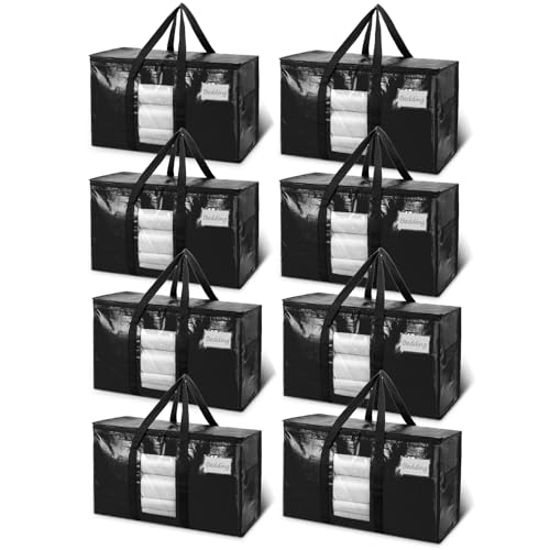 TAILI Extra Large Moving Bags, 8 Pack Black Heavy Duty Totes For Storage with Visible Window, Wrap Around Handles, Storage Bags for Space Saving, Alternative to Moving Boxes
