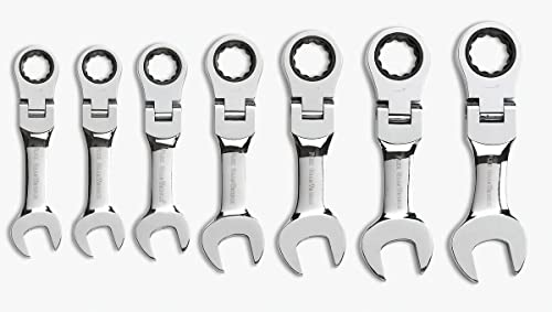 GearWrench 7 Pc. 12 Pt. Stubby Flex Head Ratcheting Combination Wrench Set, SAE - 9570, Silver