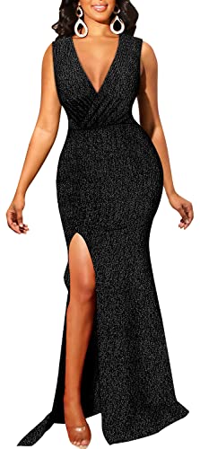 Image of Women's Sexy Long Sleeve Sparkly Maxi Dress V Neck High Slit Wrap Formal Gown Cocktail Glitter Maxi Long Dresses
