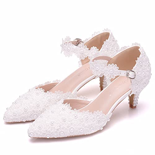 ChaiRong Zhou Women Classy Wedding Pumps, Pointy Toe Lace Flower Mid Heel Stilettos Slip on Dress Bridal Shoes - Main Image