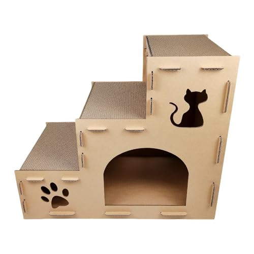 KIEHUA 猫用爪とぎボード キャットタワー 段ボール製 3段式 猫階段 リラックス 隠れ家 爪とぎ兼ベッド付き 多頭飼いに最適 ワンクリック組み立て 省スペース コンパクト 耐荷重10kg キャットハウス 室内用 ペット 猫用品
