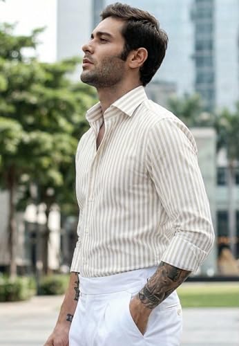 Image of IndoPrimo Men's Striped Shirt | Premium Slim Fit Full Sleeve Formal Casual Shirt | Button-Down Cotton Shirt for Office