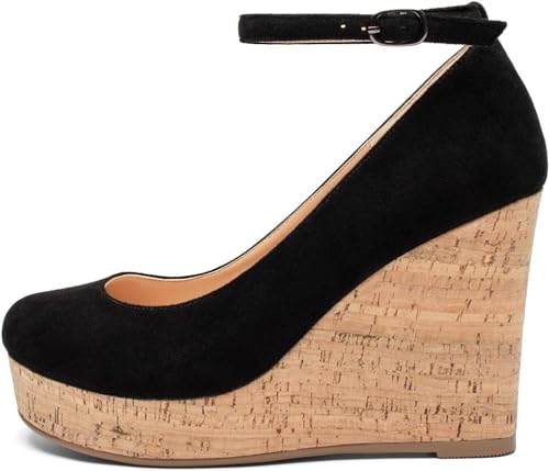 Mettesally Women's Platform Cork Wedge Heel Pumps Round Closed Toe Ankle Strap Classic Office Dress Shoes