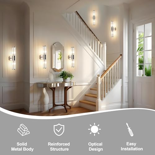 Image of Dual Sconce Vanity Set of 2, Brushed Nickel Wall Light with Clear Glass Rods Shape, Industrial Vanity Lighting for Bathroom Mirror and Modern Bedroom