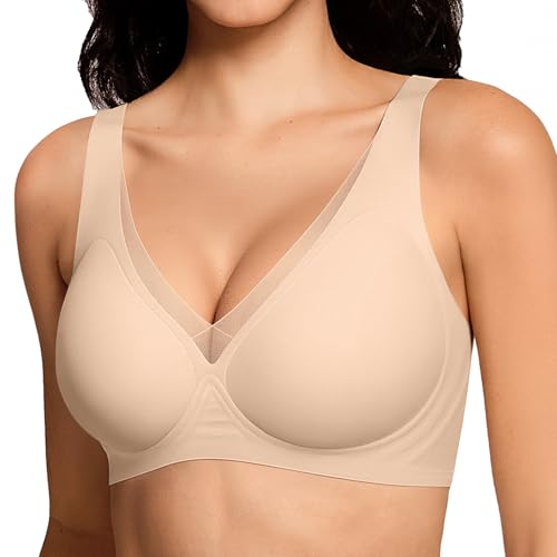 Deep V Mesh Wireless Bras for Women No Underwear Seamless Push Up Comfortable Tshirt Bralettes Everyday Bra