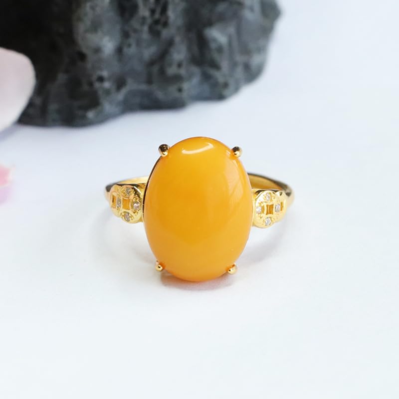 Bague en argent S925 ouverte et ajustable avec cabochon cire d'abeille mode