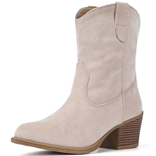 Image of IXU Cowboy Boots for Women Wide Suede Ankle Western Cowgirl Boots Mid Calf Pointed Toe Short Chunky Classic Booties