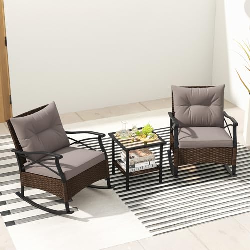 Image of Tangkula 3 Pieces Outdoor Rocking Chairs Set, Rattan Heavy Duty Cushioned Rocker Chairs with 2-Tier Tempered Glass Coffee Table, for Garden, Balcony, Backyard | Heavy Duty Cushioned Rattan Patio Rocker Bistro Set, 2-Tier Side Table w / Acacia Wood Tabletop, for Porch