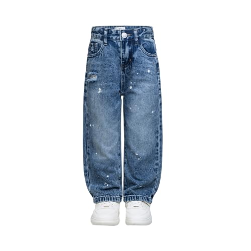 Baggy Jeans for Girls Rhinestone Ripped Wide Leg Pants Adjustable Waist Pockets Cute Jeans for Girls Kids Vintage 5-7Y