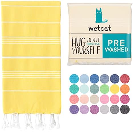 WETCAT Turkish Beach Towel (38 x 71) - Prewashed for Soft Feel, 100% Cotton - Quick Dry Beach Towels for Adults - Unique Turkish Towels for Tavel with Lively Colors - [Yellow]